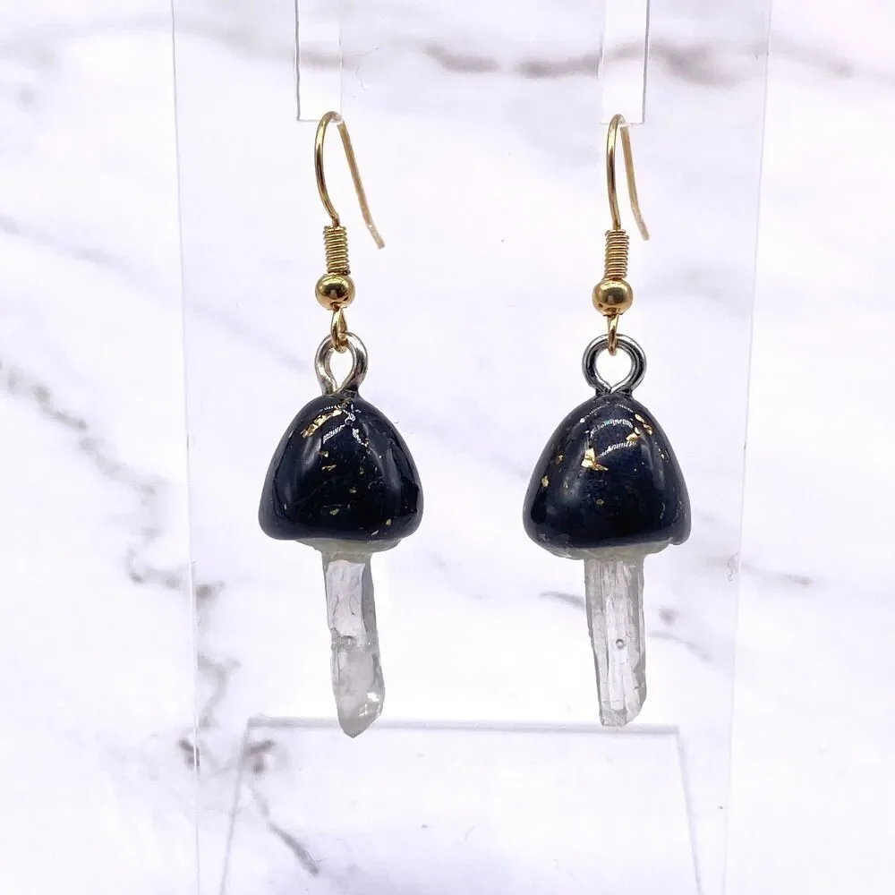 Black Mushroom Quartz Crystal Dangle wire hook polymer Clay Earrings